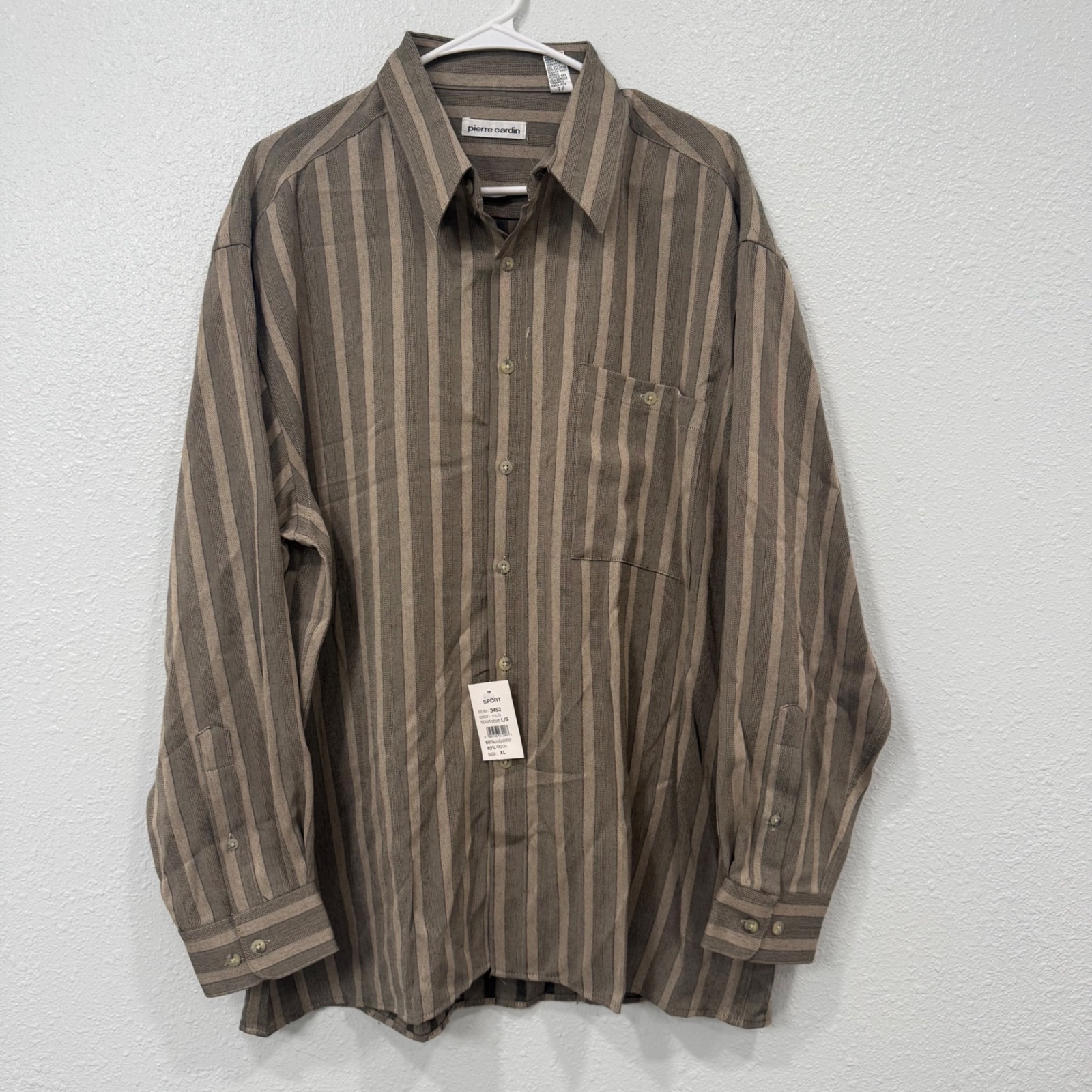 Pierre Cardin Mens Xl Striped Button Down Shirt Brown Tan Long Sleeve Sport